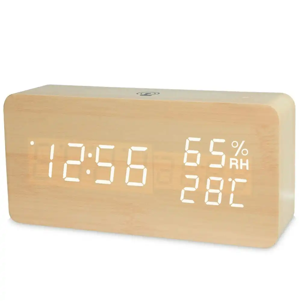 TODO LED Digital Alarm Clock Rechargeable Woodgrain USB Android iOS Control APP - Beige