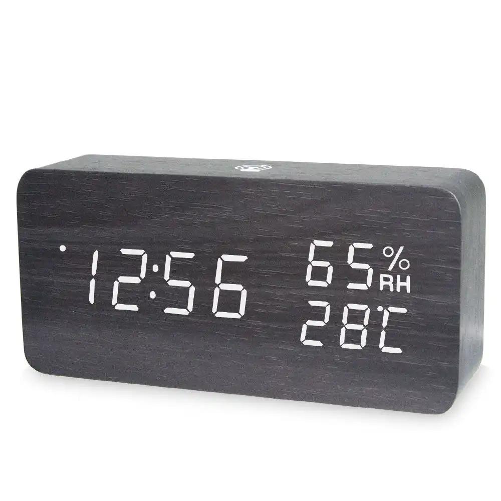 TODO LED Digital Alarm Clock Rechargeable Woodgrain USB Android iOS Control APP - Black