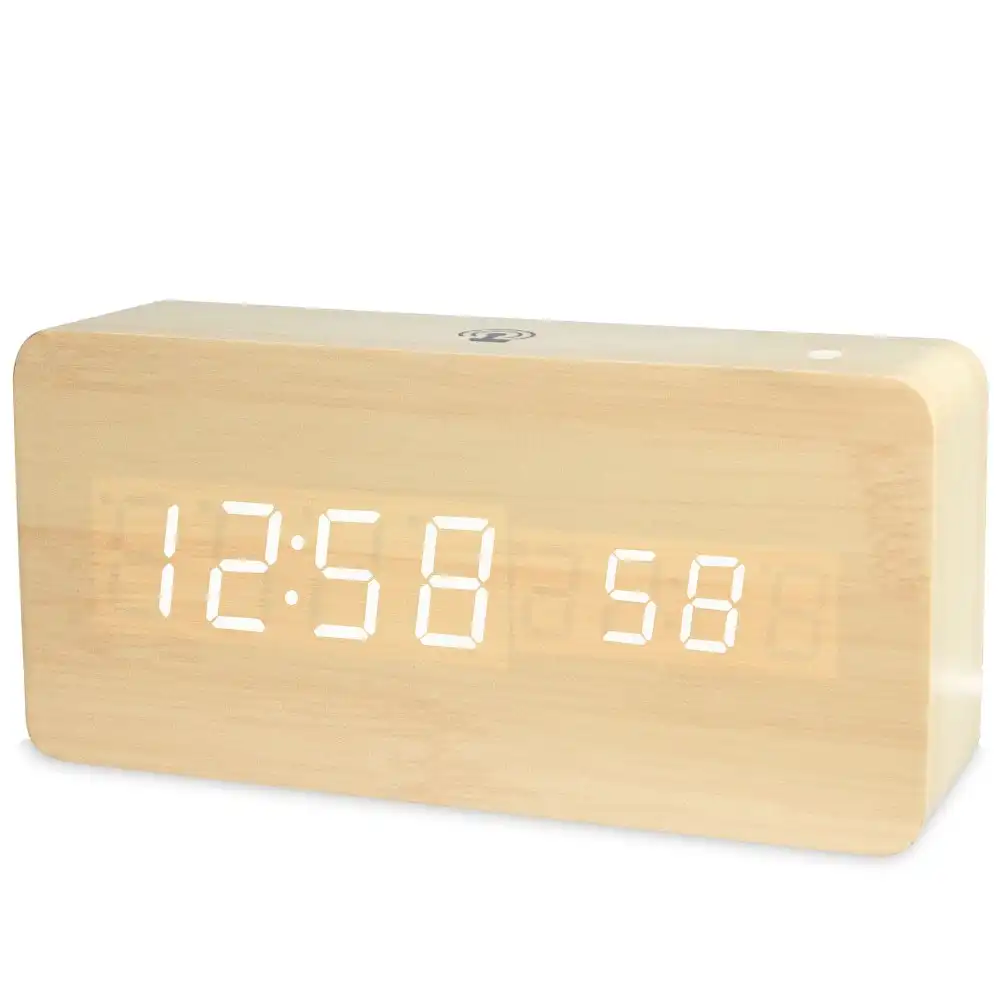 TODO Rechargeable LED Digital Alarm Clock Woodgrain USB Android iOS Control APP - Beige