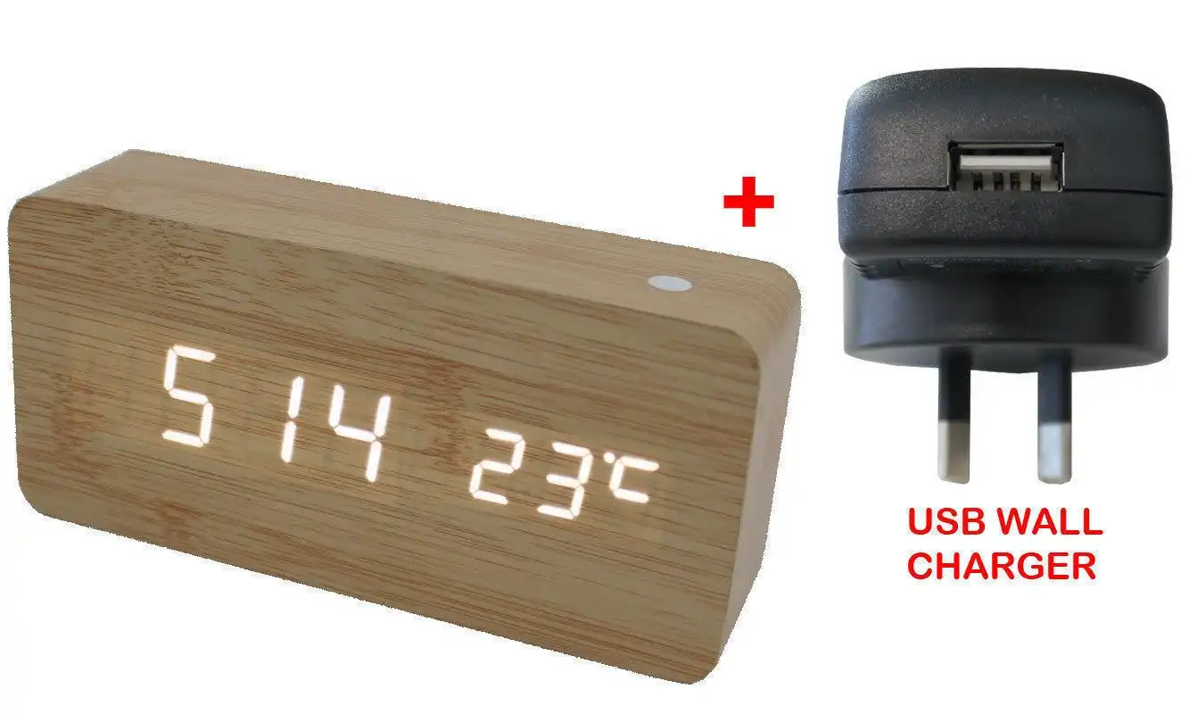 White Led Wooden 3 Alarm Clock Temp Display + Usb Wall Charger Wood Beige 6035