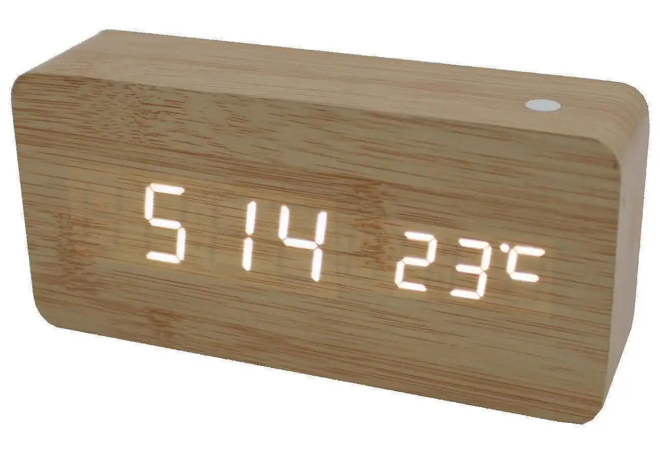 TODO White Led Wooden 3 Alarm Clock + Temperature Display Usb/Battery Wood Beige 6035