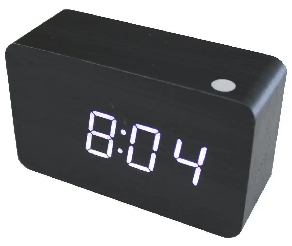 White Led Wood Grain Alarm Clock Temperature Display Usb/Battery Black 6030