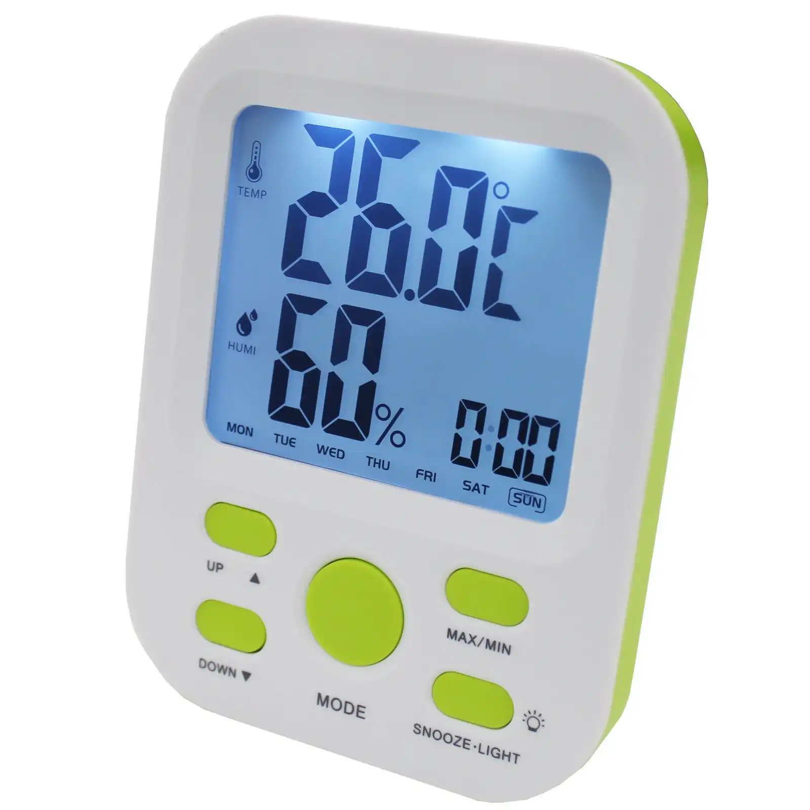 Electronic Digital Thermometer Hygrometer Alarm Clock Lcd Display °C/F %Rh Green
