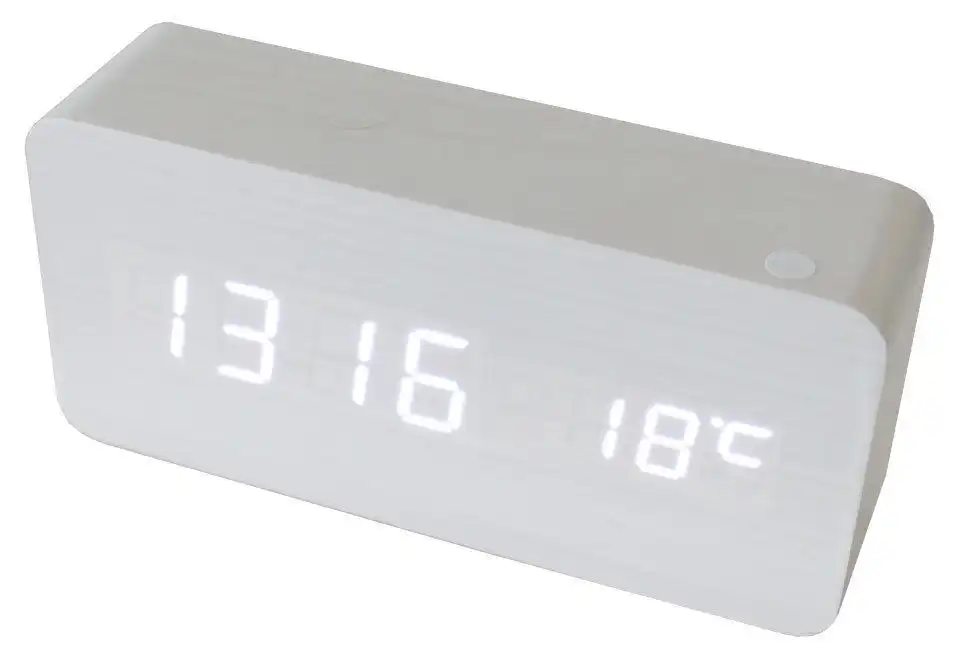 TODO White Led Wood Grain 3 Alarm Clock + Temperature Display Usb/Battery White 6035
