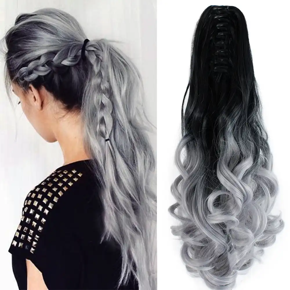 Two Tone Ombre High Grade Silver Gray Curly Clip On Pony Tail 24" Hair Clamp 09