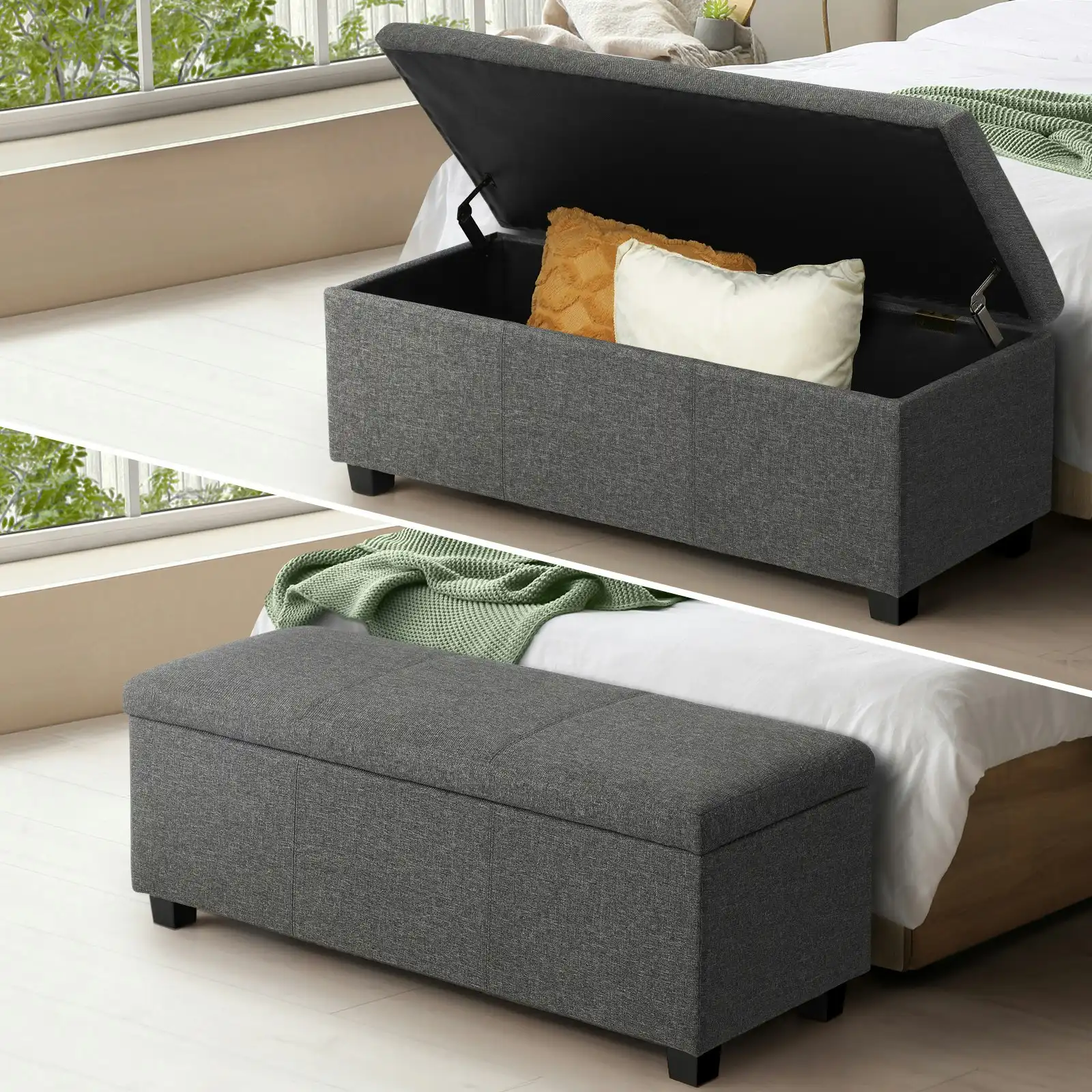 Oikiture Storage Ottoman Blanket Box Linen Fabric Arm Foot Stool Couch Grey Large