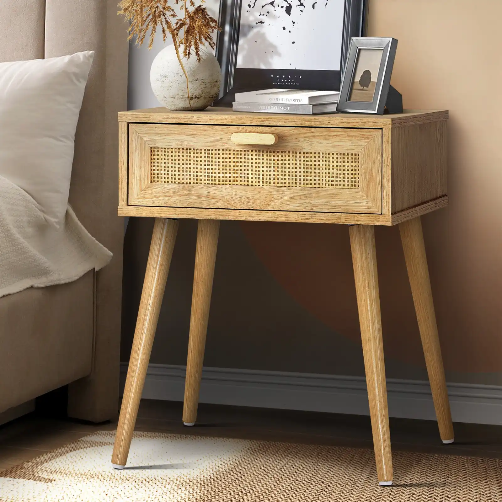 Oikiture Bedside Table Drawer Storage Cabinet Nightstand Rattan Furniture Wood