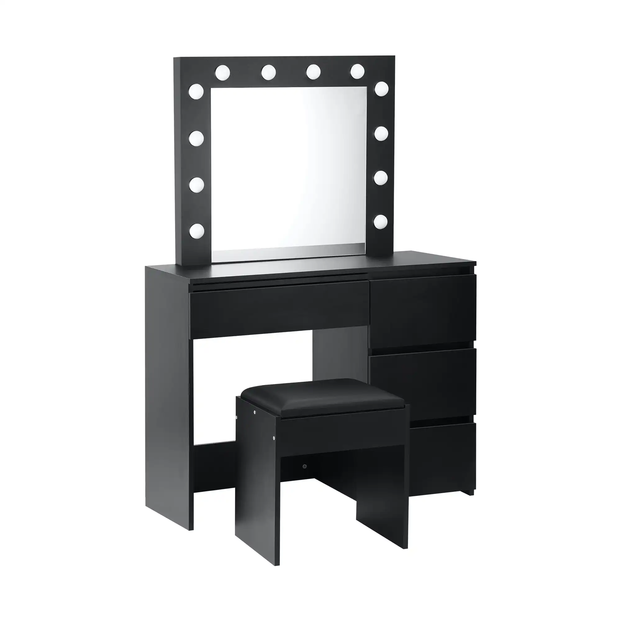 Oikiture Dressing Table Stool Set Makeup Desk Mirror Storage Drawer 12 LED Bulbs Black