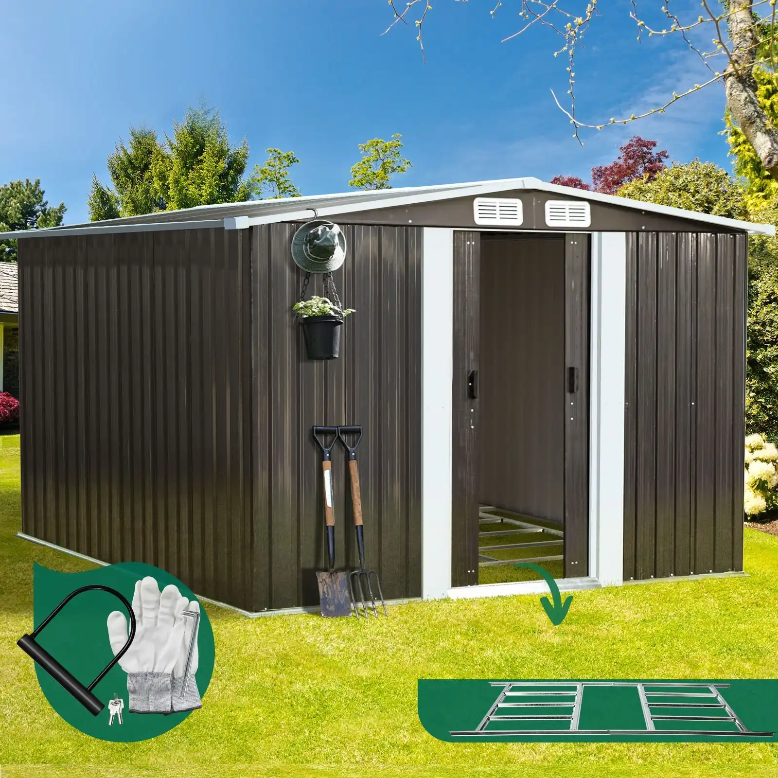 Livsip Garden Shed Outdoor Storage Sheds 2.57x2.05M Workshop Cabin Metal Base