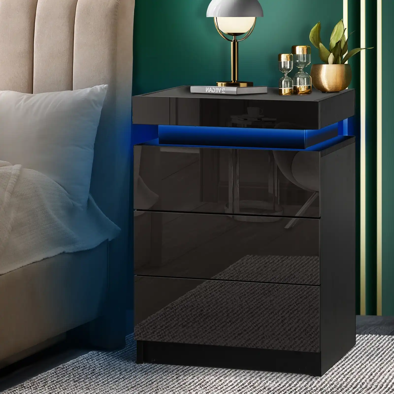 Oikiture Bedside Table RGB LED Nightstand Cabinet 3 Drawers Side Table Furniture Black