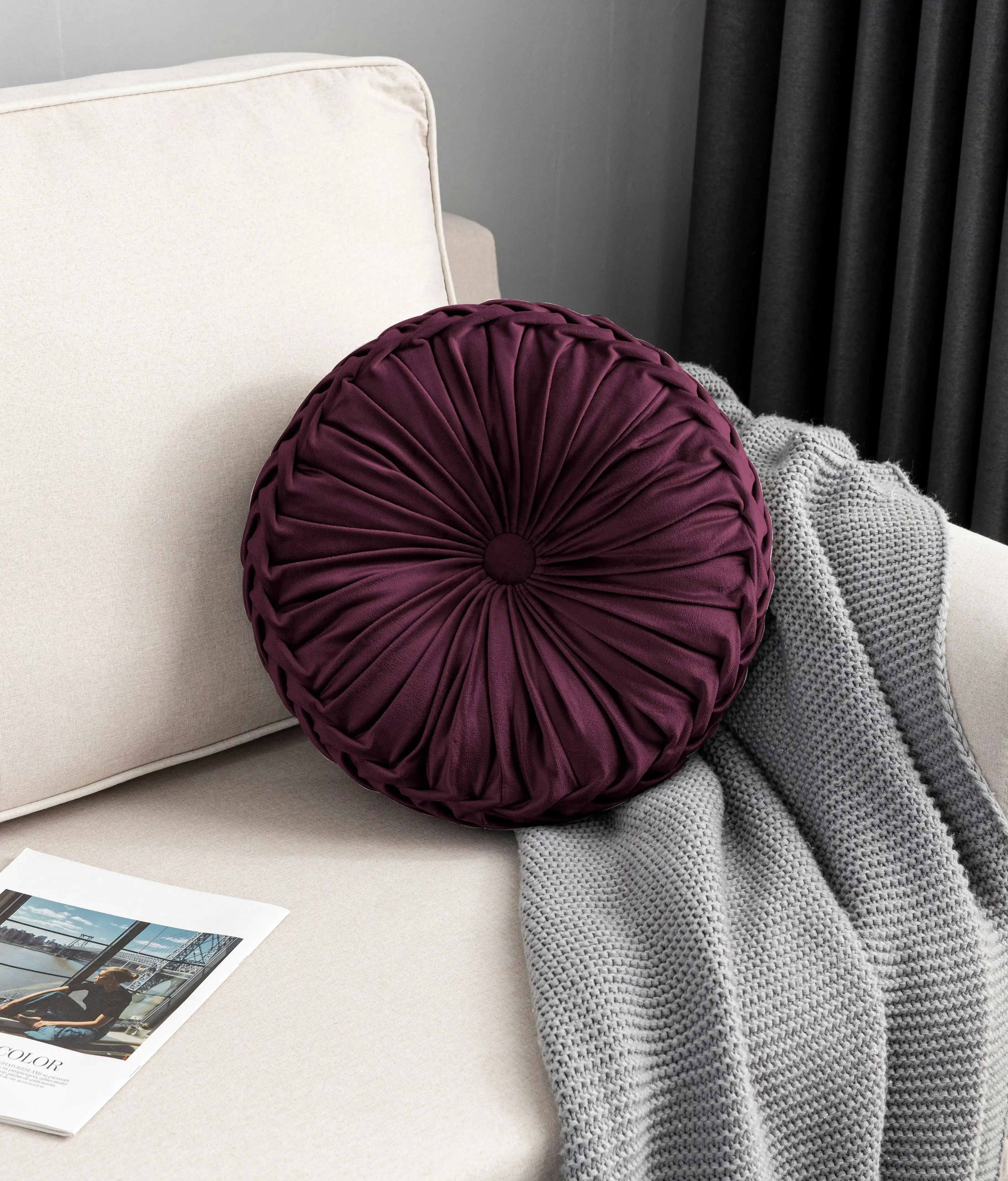 Mayfair & Bond Pleated Velvet Cushion, Aubergine, 40cm