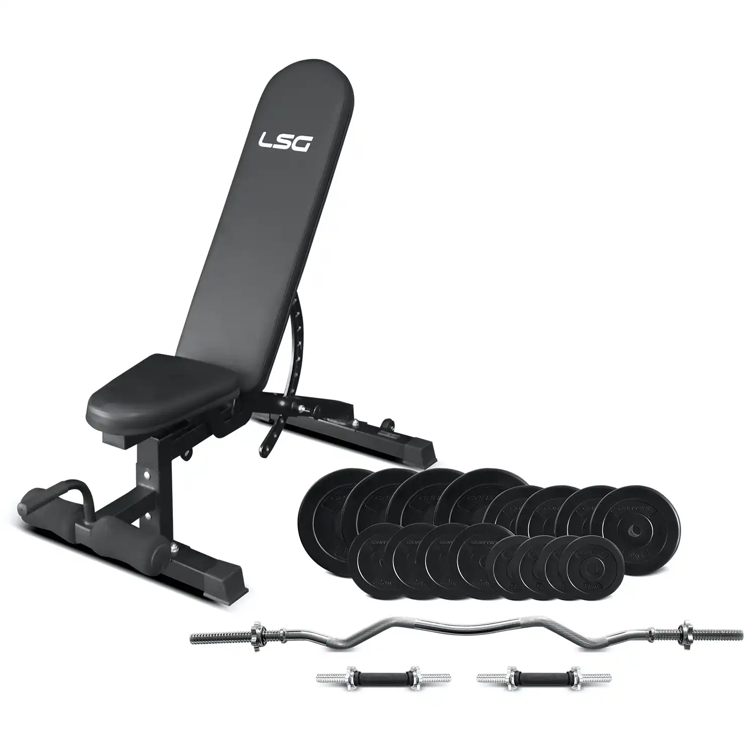 LSG GBN-006 14-Level FID Exercise Bench + Dumbbell & Curl Bar 84kg Weight Package