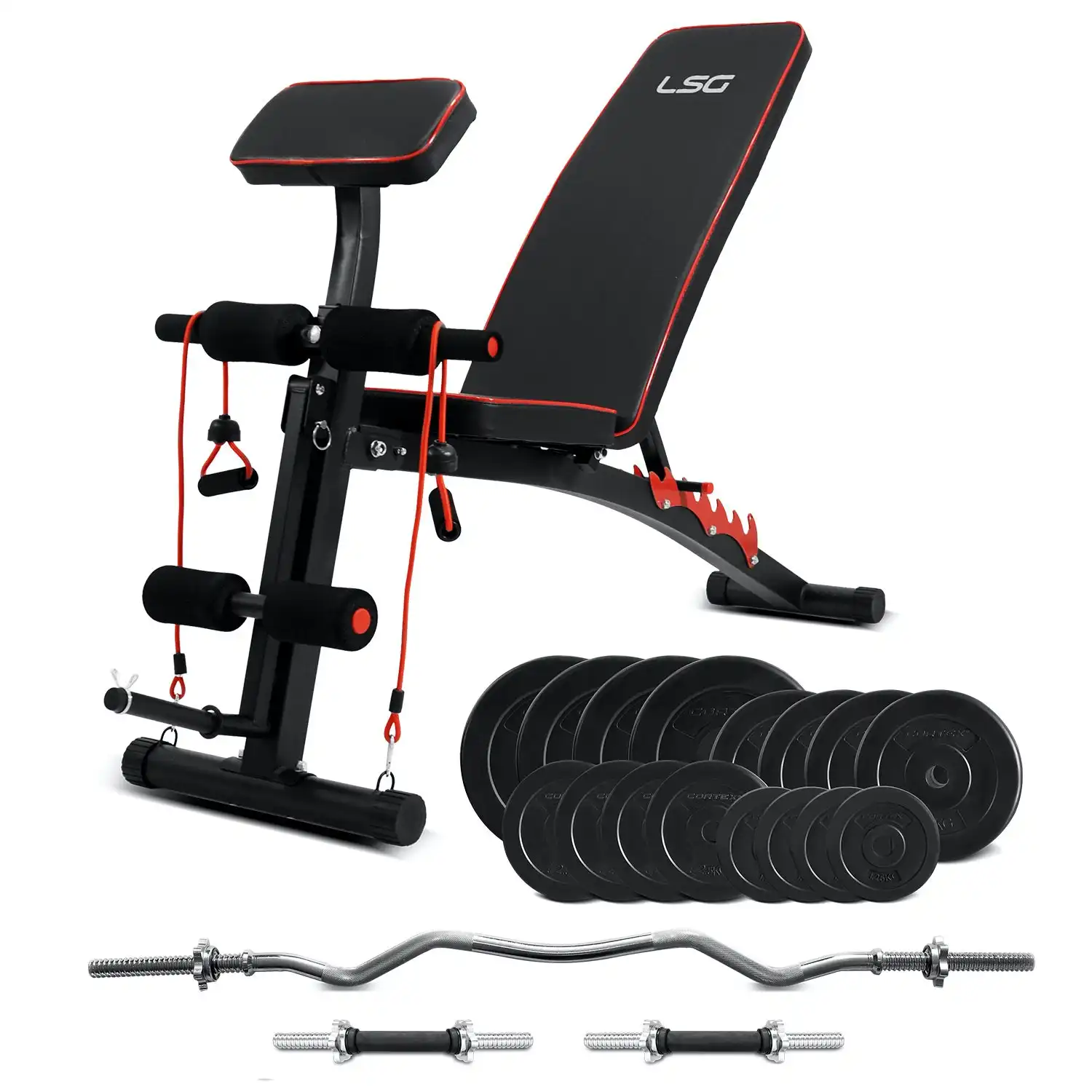 LSG GBN-007 6 Level FID Bench & Preacher Pad + 85kg Weight & Bar Package
