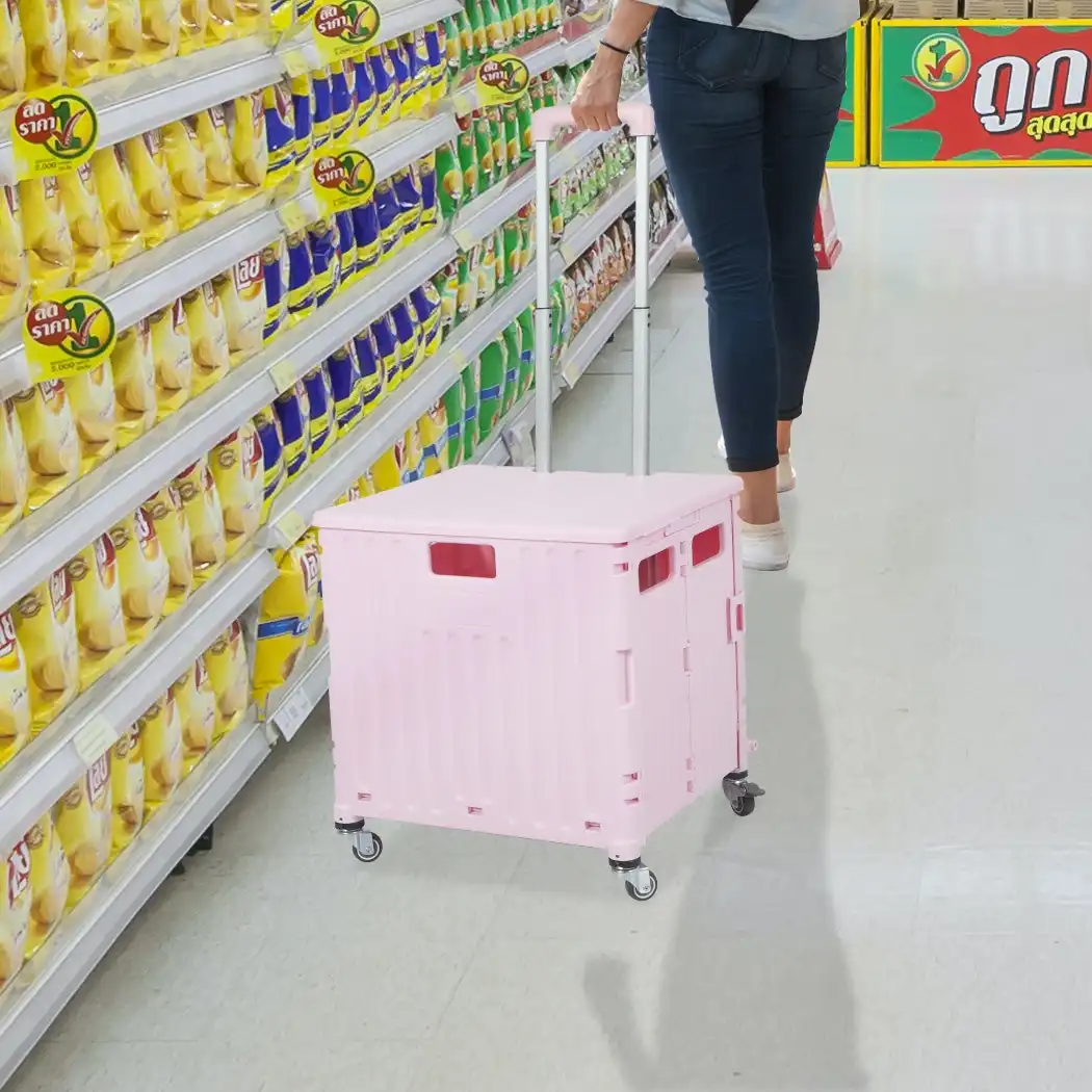 Traderight Group  Folding Shopping Trolley Cart Portable Rolling Grocery Basket  Wheel Pink