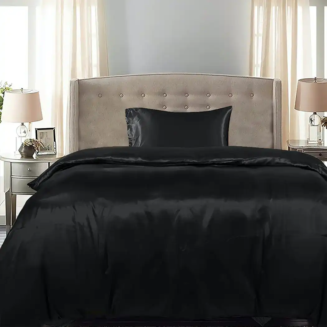 Dreamz Silky Satin Quilt Cover Set Bedspread Pillowcases Summer Single Black