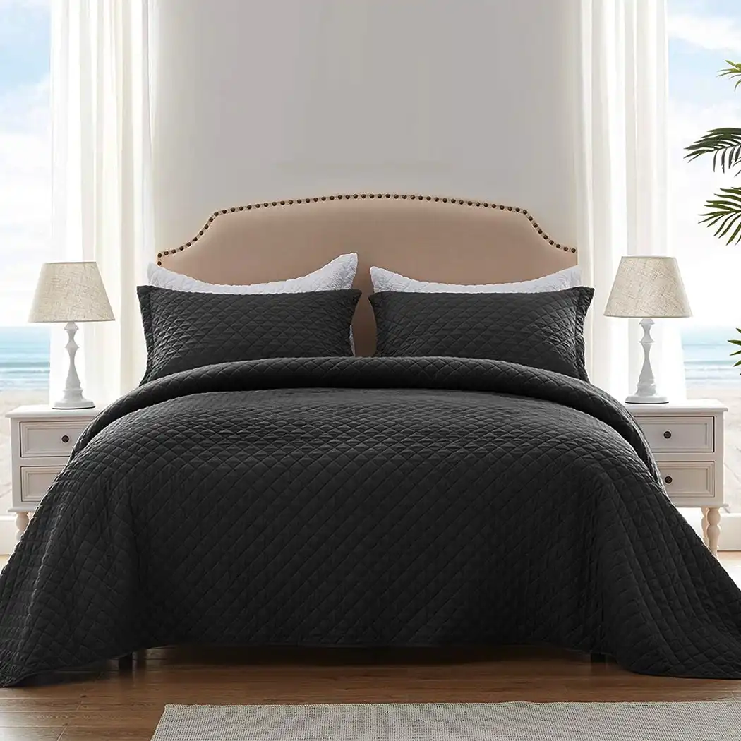 Dreamz Bedspread Coverlet Set Quilted Blanket Soft Pillowcases King Dark Grey