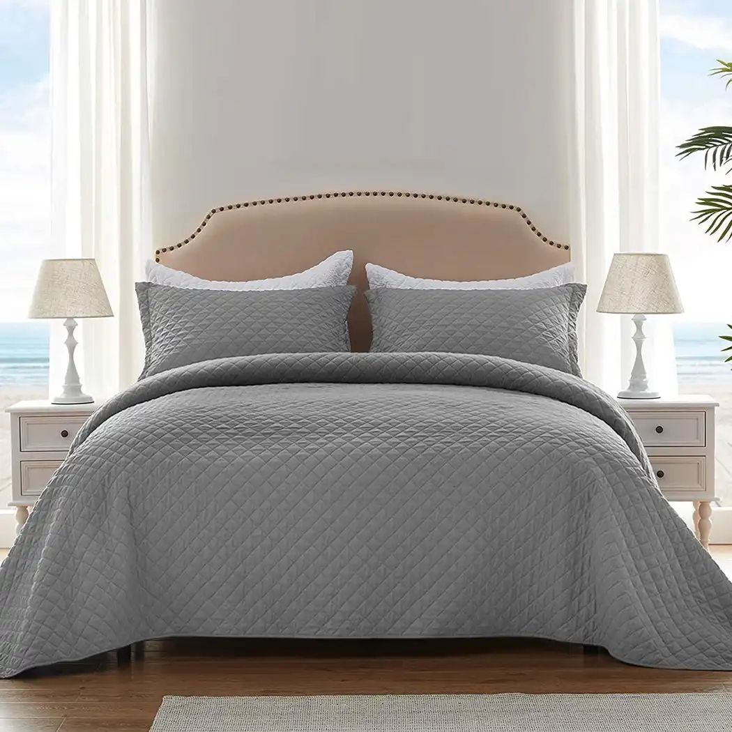 Dreamz Bedspread Coverlet Set Quilted Blanket Soft Pillowcases Queen Grey