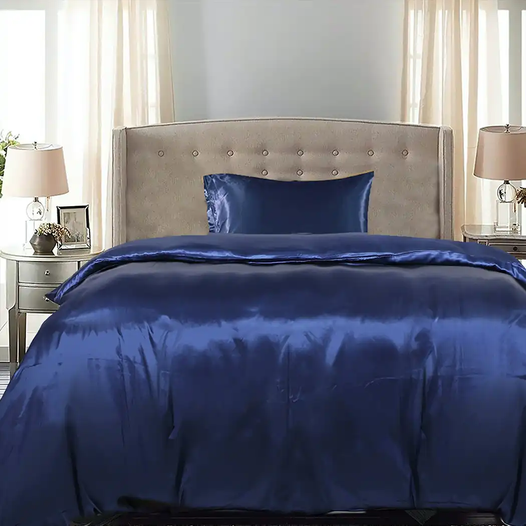 Dreamz Silky Satin Quilt Cover Set Bedspread Pillowcases Summer Single Blue