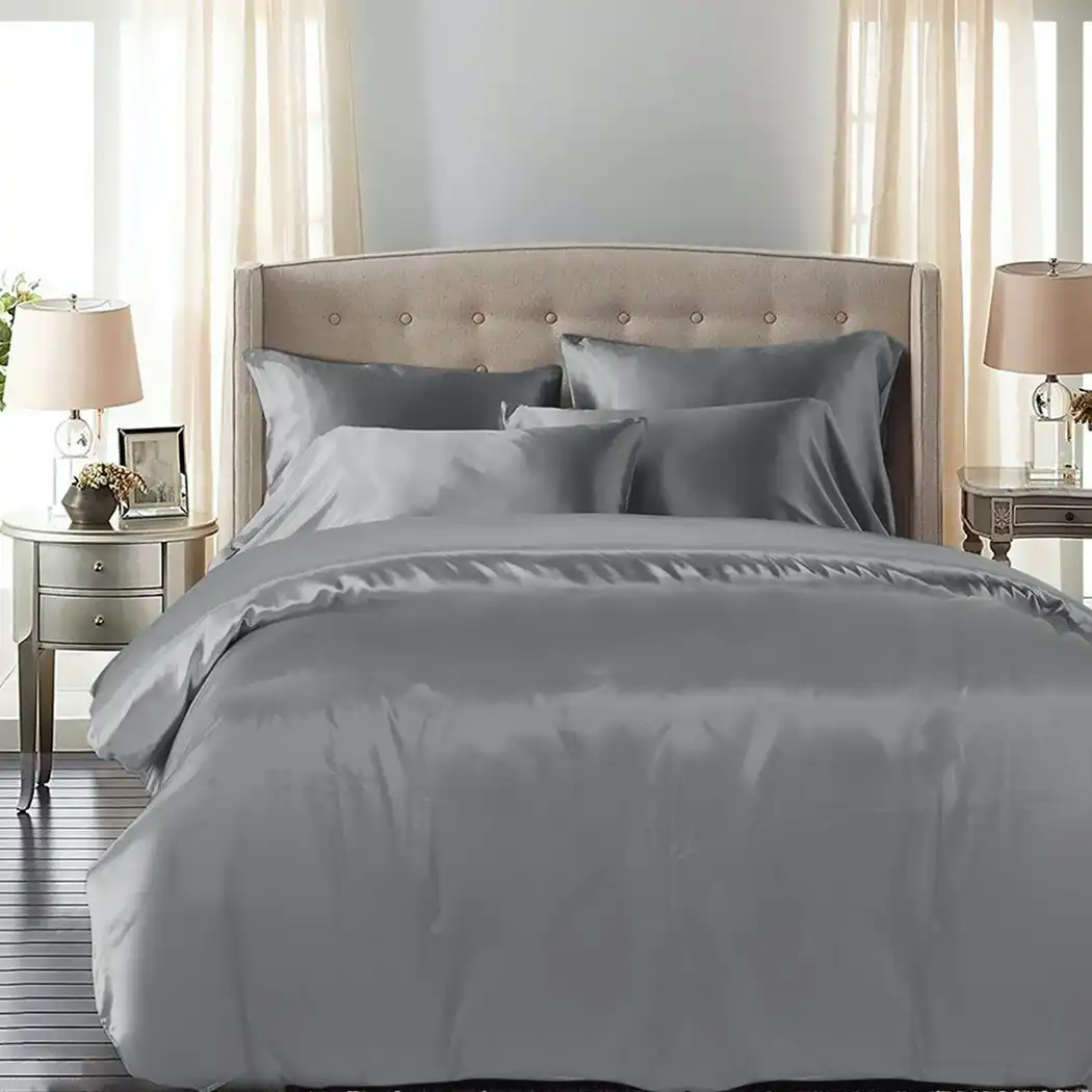 Dreamz Silky Satin Quilt Cover Set Bedspread Pillowcases Summer King Grey