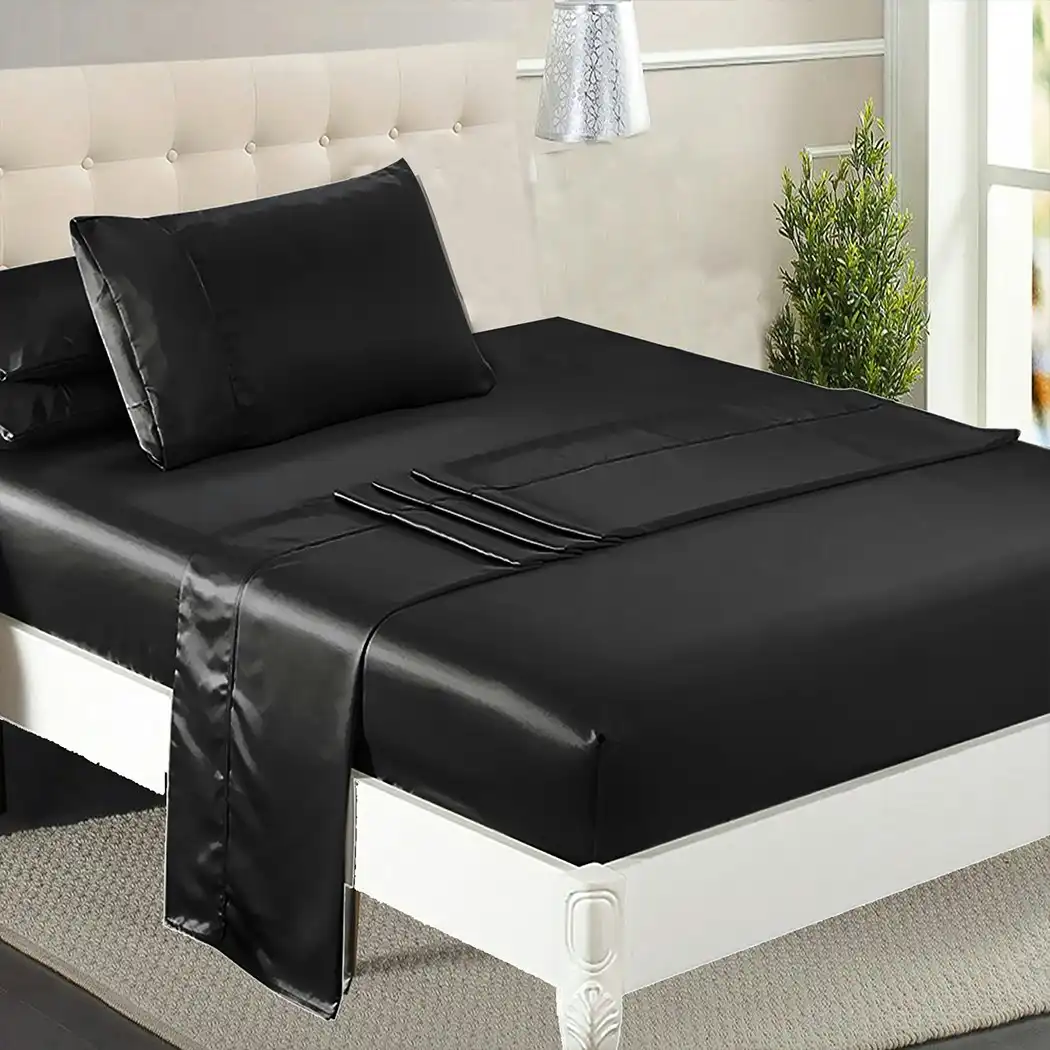 Dreamz Silky Satin Sheets Fitted Flat Bed Sheet Pillowcases Summer Single Black