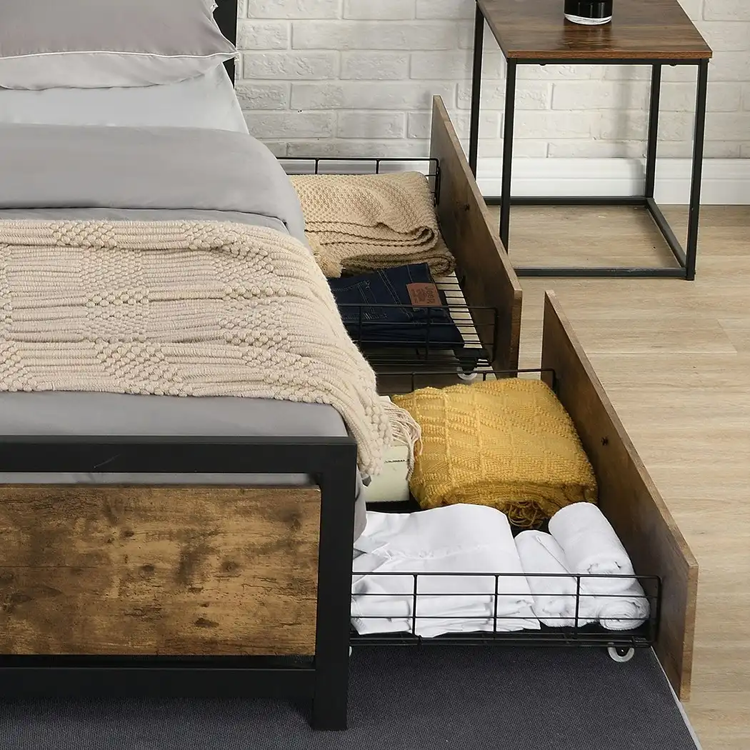 Levede  4 Double Bed Frame Storage Drawers Metal Wooden Wood Bonus Bottom Mat