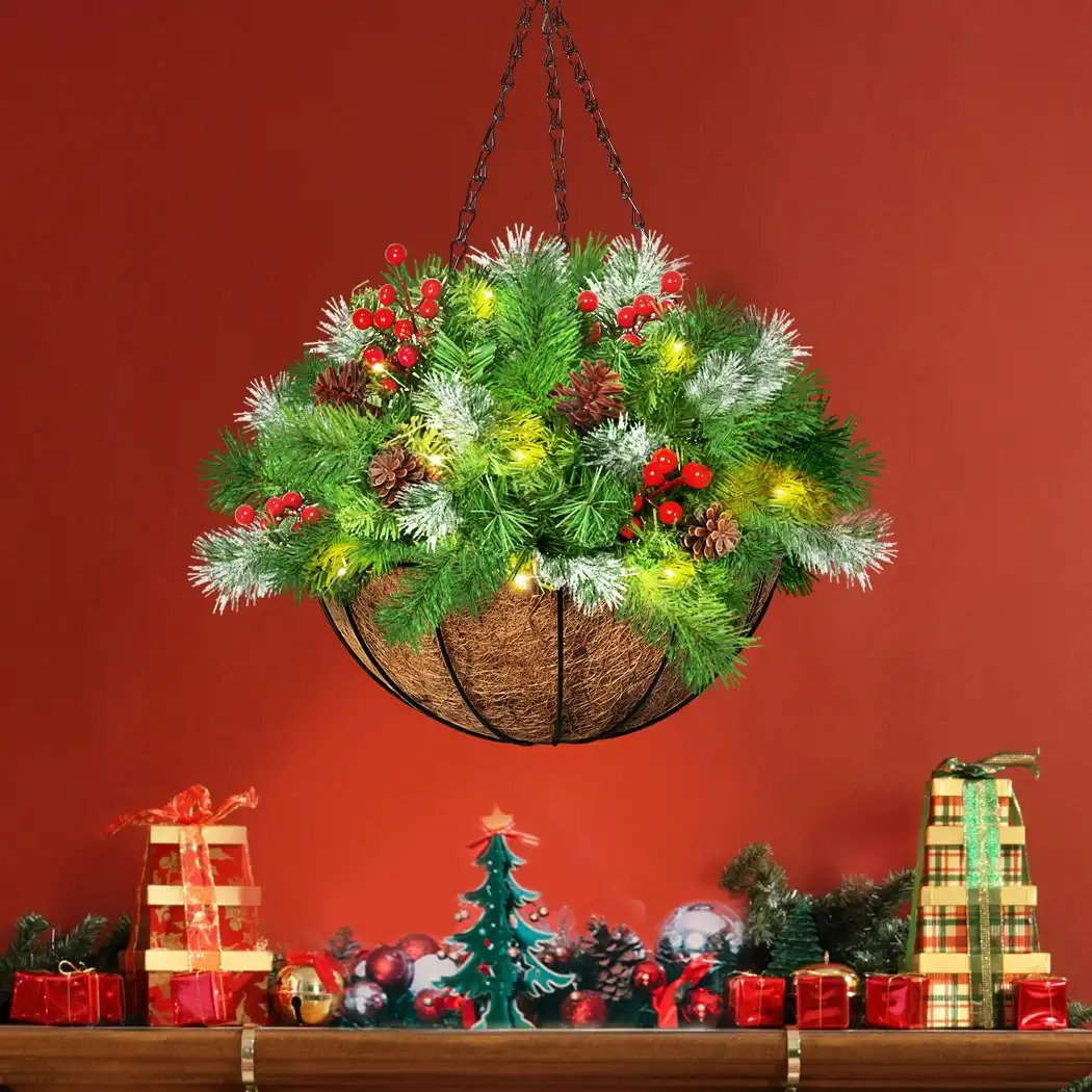 Santaco Christmas Hanging Basket Ornaments LED Lights Home Garden Decor 30cm