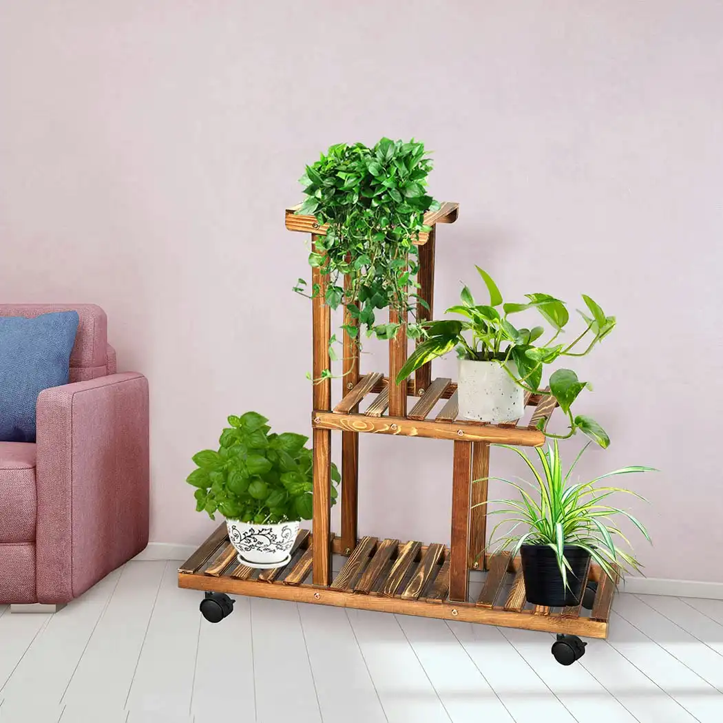 Levede 3-Tier Plant Stand Wood Wooden Wheel Shelf Flower Pots Rack Indoor Garden