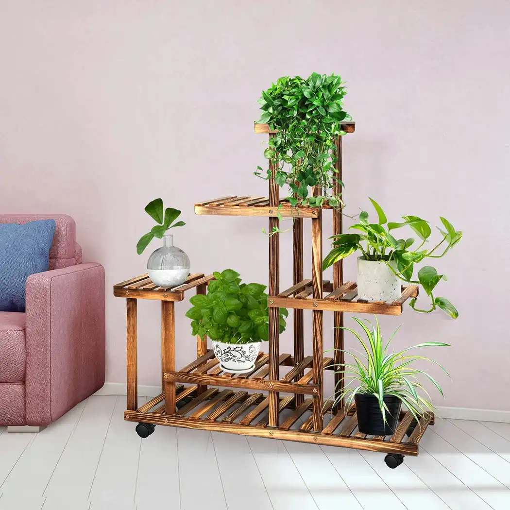 Levede 5-Tier Plant Stand Wood Wooden Wheel Shelf Flower Pots Rack Indoor Garden