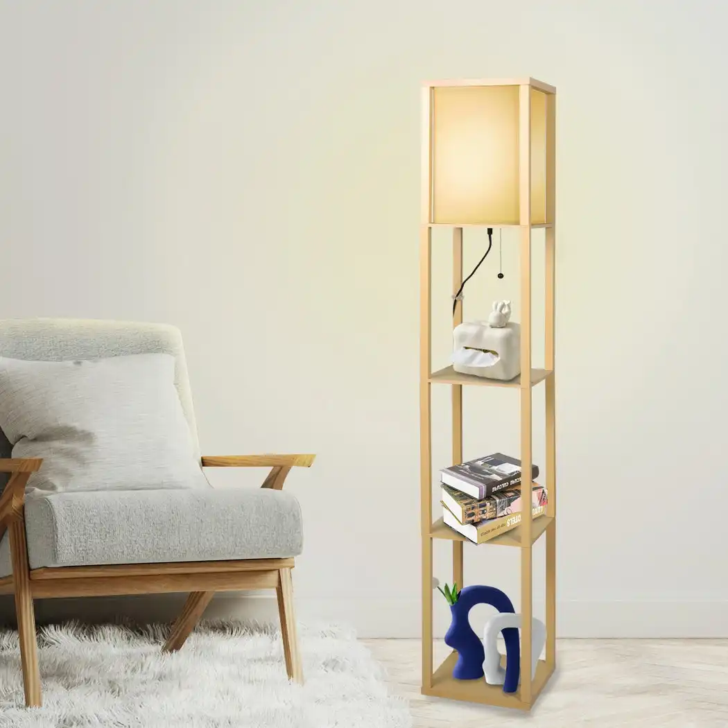 Emitto Floor Lamp LED Storage Shelf 3 Tier Wood Standing Reading Corner Light