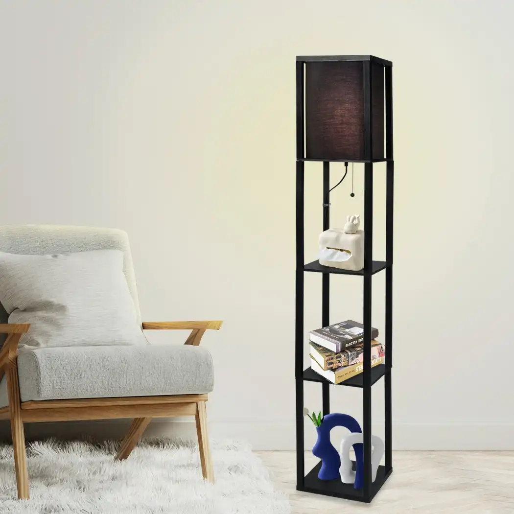 Emitto Floor Lamp Storage Shelf LED Wood Standing Reading Corner Light Black