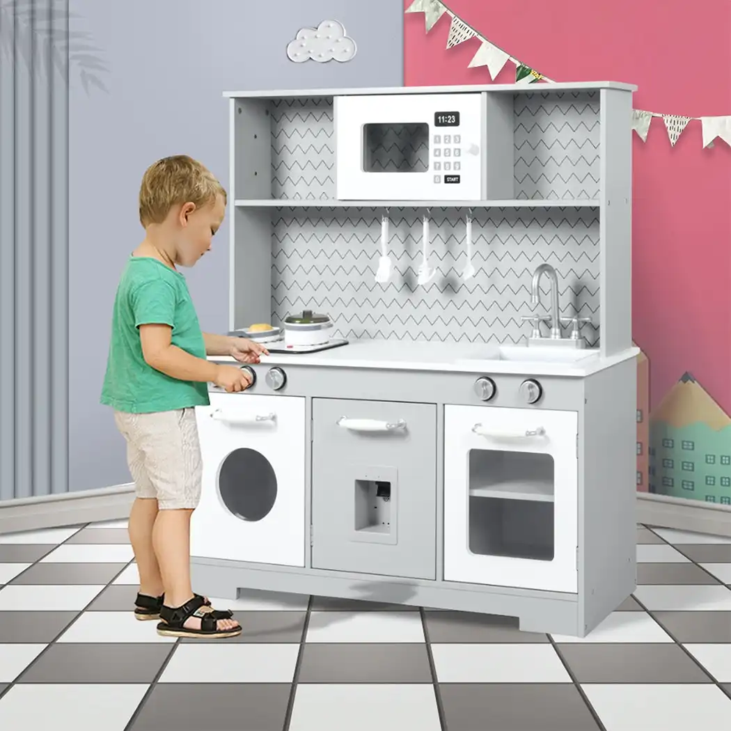 BoPeep Kids Kitchen Set Pretend Play Wooden Toys Playset Cooking Food Utensils