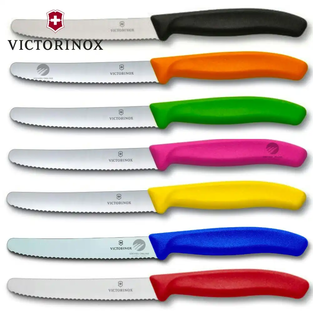 6 x Victorinox SERRATED PISTOL GRIP STEAK TOMATO SAUSAGE KNIVES COLOURFUL 11CM