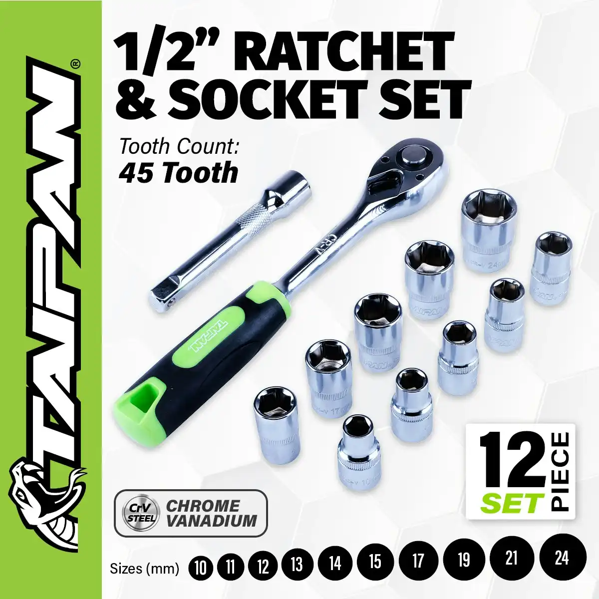 Taipan 12PCE 1/2" Ratchet Socket Set Premium Quality Chrome Vanadium Steel