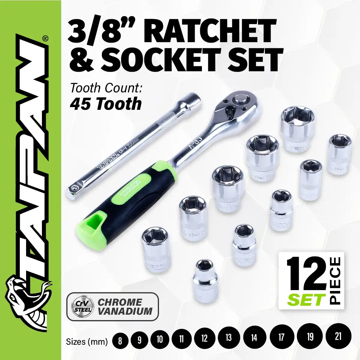 Taipan® 12PCE 3/8" Ratchet Socket Set Premium Quality Chrome Vanadium Steel