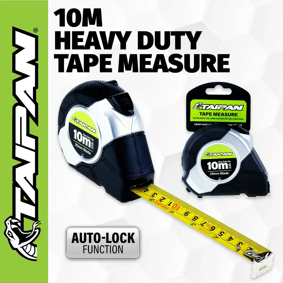 Taipan 10m Tape Measure Auto Lock Function Shock Absorbent Rubber Case