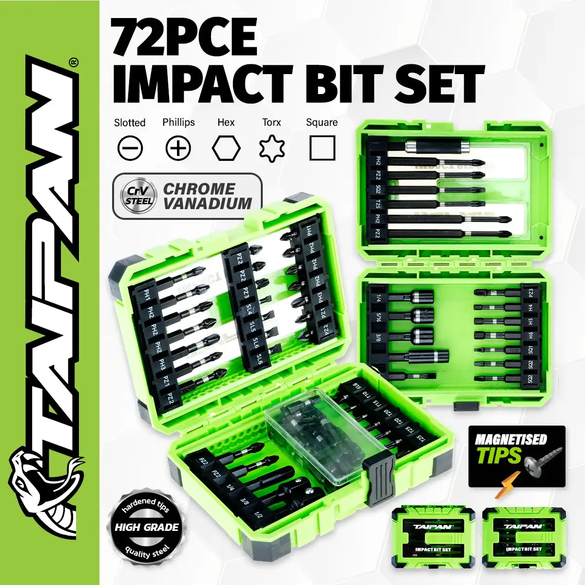 Taipan® 72PCE Impact Bit Set Magnetic Tips Various Heads Storage Case