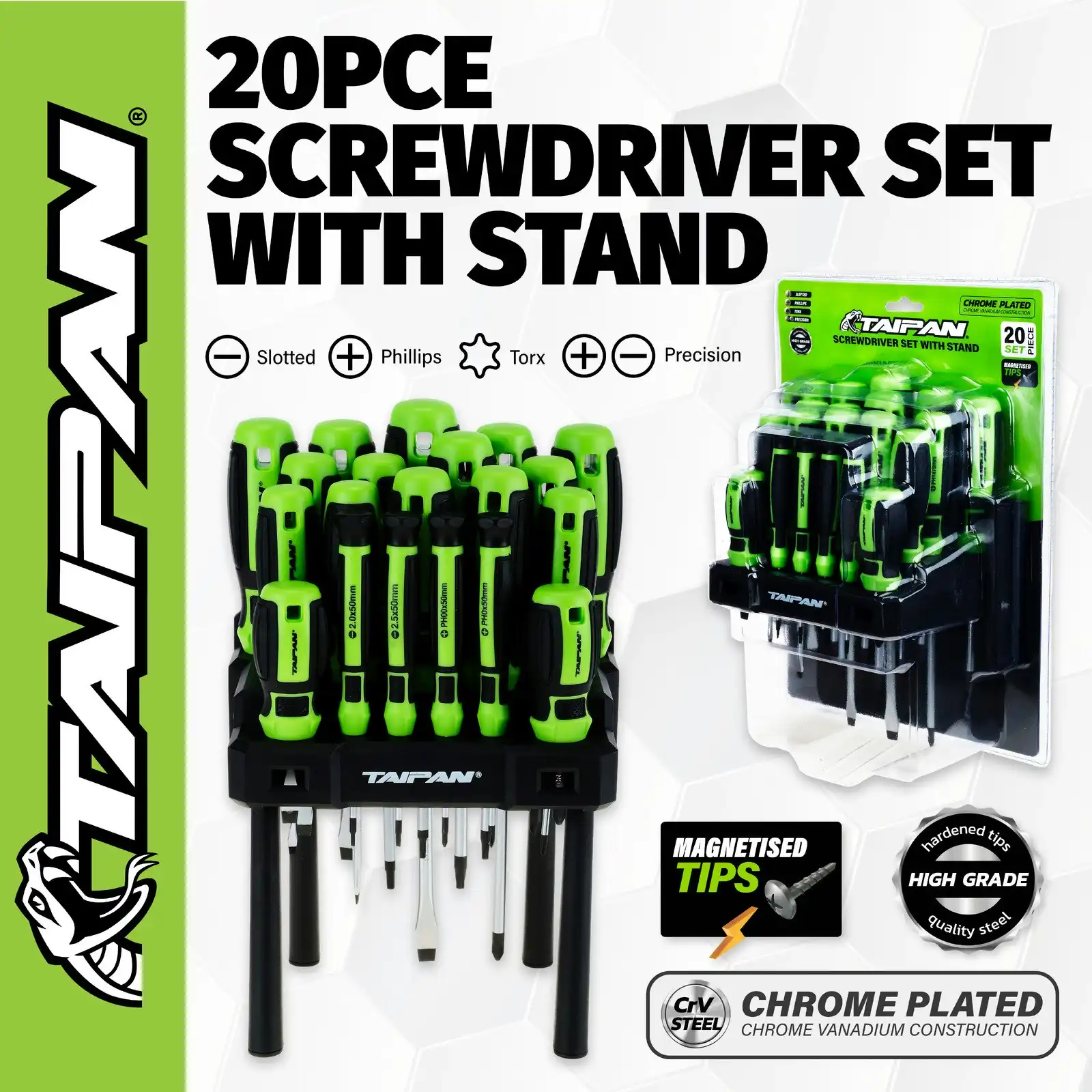 Taipan® 20PCE Screwdriver Set With Stand Magnetic Tips Chrome Plated