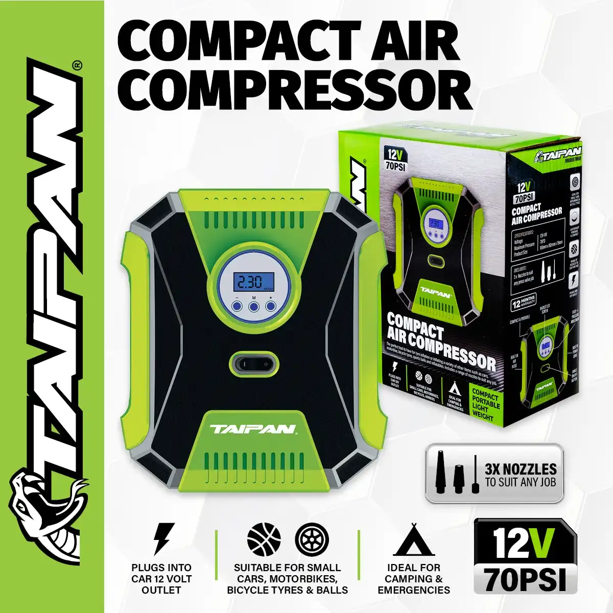 Taipan® Compact Air Compressor 12V 70PSI LED Display Screen Various Nozzles