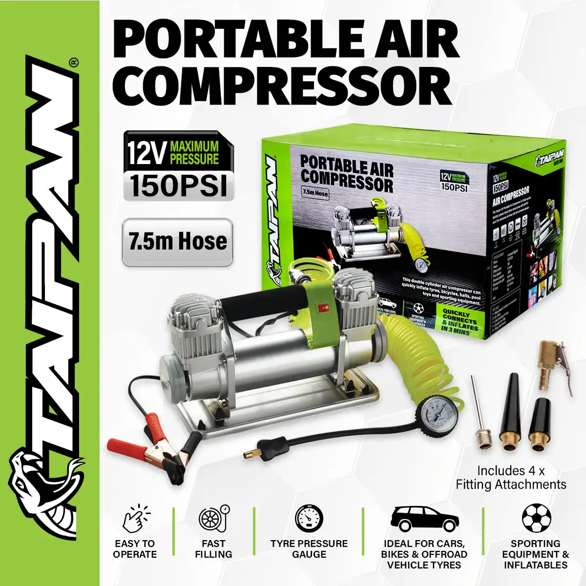 Taipan® Air Compressor Portable 12V 150PSI LED Display Screen Various Nozzles