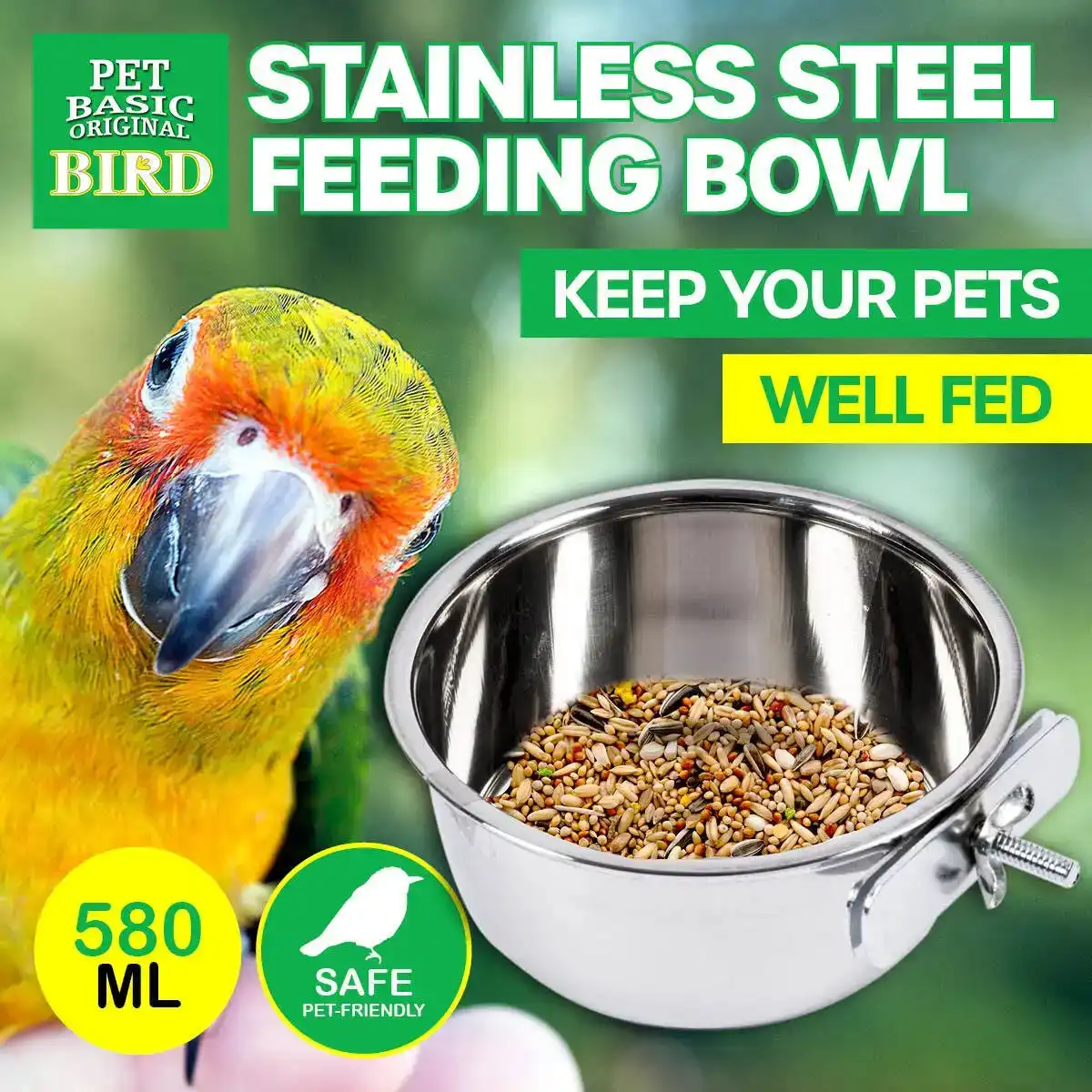 Pet Basic® Bird Parrot Feeding Water Bowl 580ML Stainless Steel Screw Action