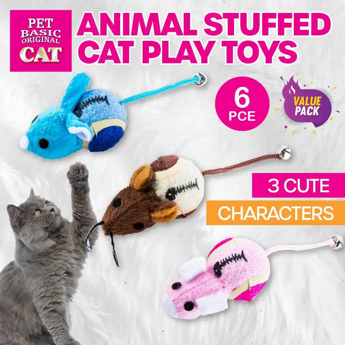 Pet Basic® 6PCE Cat Toys Exciting Entertaining Fun Play Various Characters 7cm