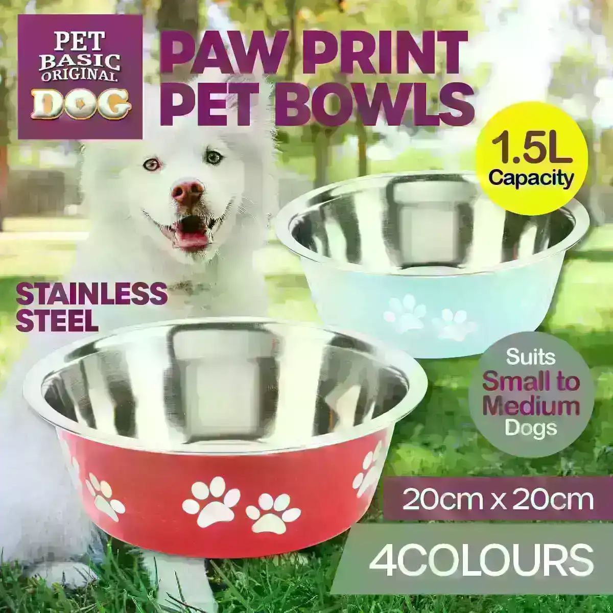 Pet Basic® 2PCE Stainless Steel Bowls Paw Print Design 4 Colours 1.5 Litre