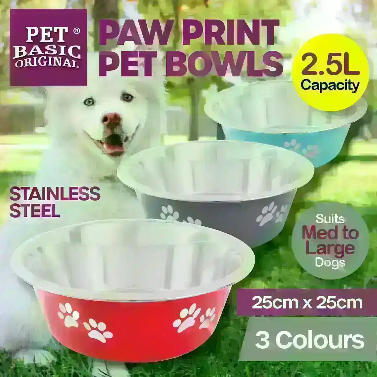 Pet Basic® 2PCE Stainless Steel Large Bowls 25cm Paw Print Design 2500ml