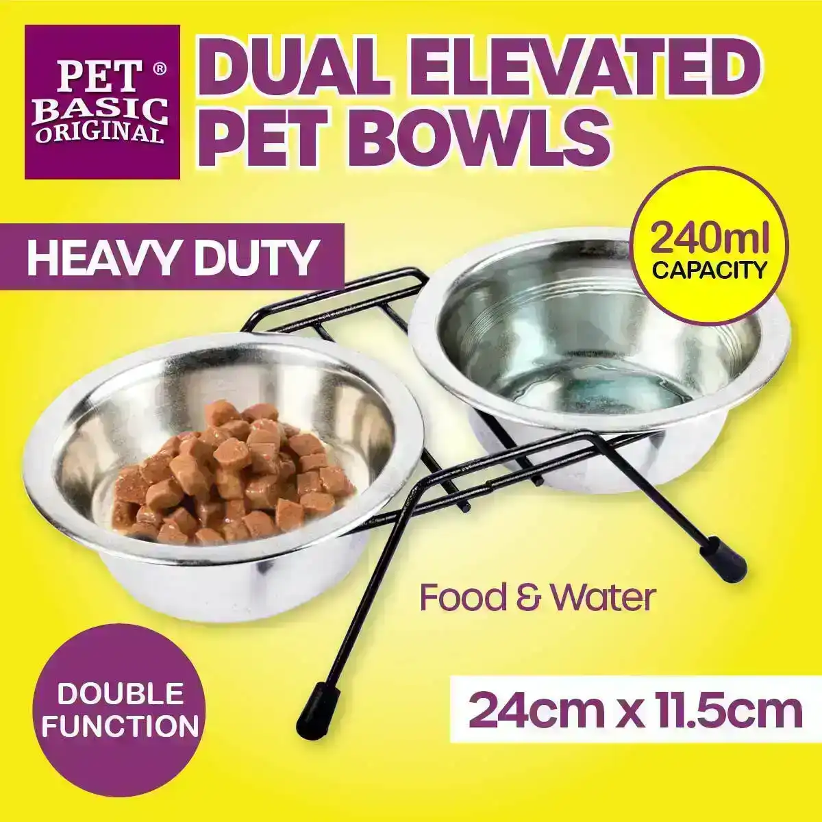 Pet Basic® Dog Bowl Elevated 2PCE Food/Water 24x11.5CM Stainless Steel Non-Slip
