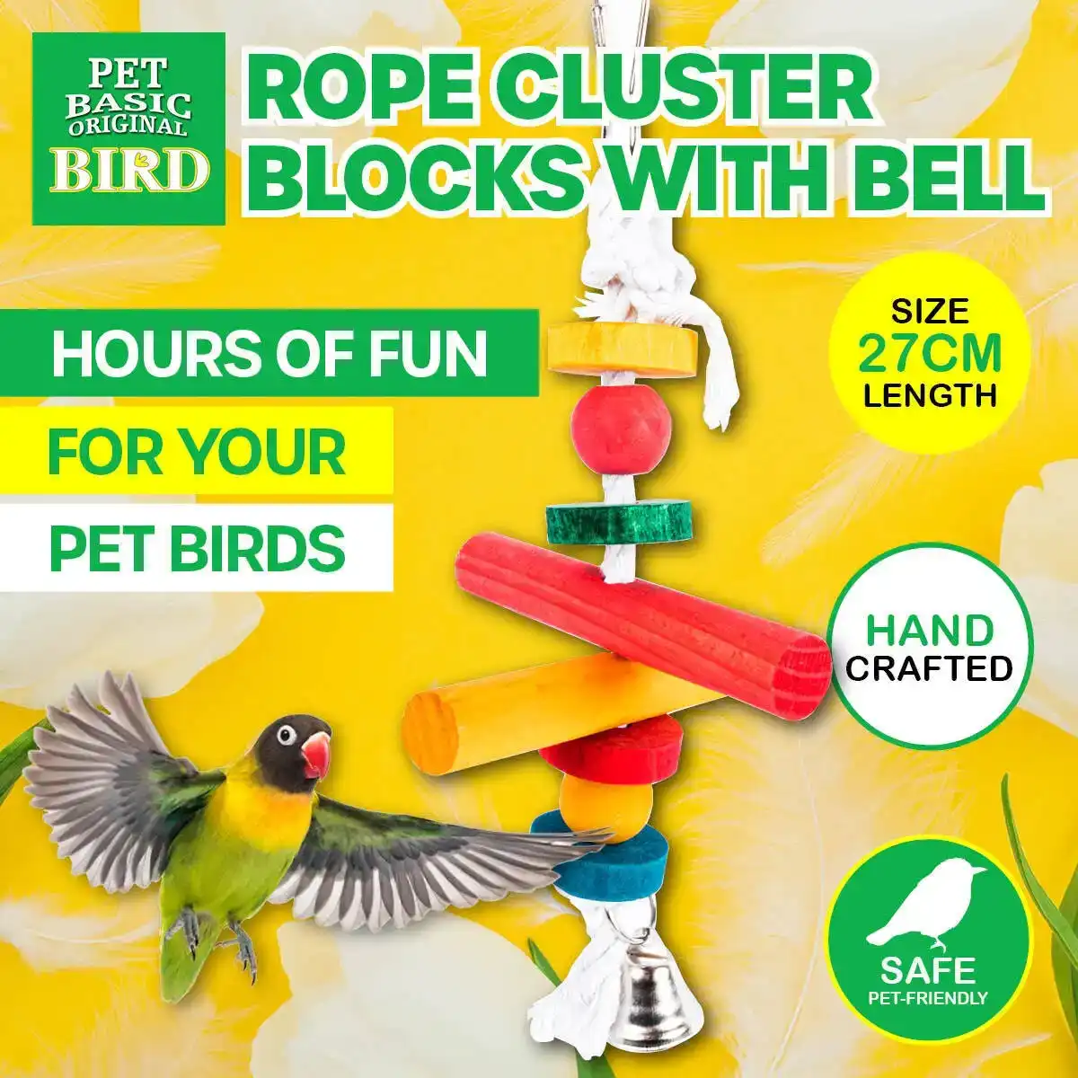 Pet Basic® Bird/Parrot Rope Wooden Blocks Bell Fun Stimulating Playful 27CM