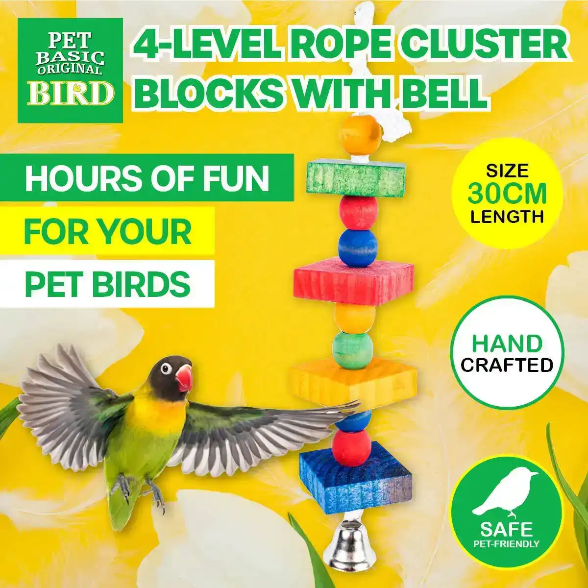 Pet Basic® Wooden Bird/Parrot 4 Level Rope Blocks Fun Stimulating Playful 30CM