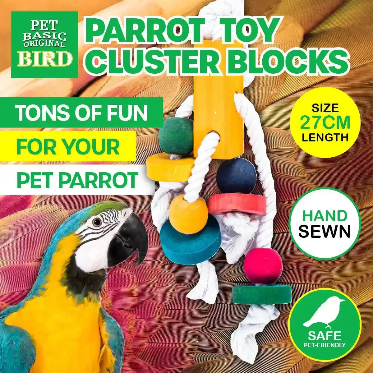 Pet Basic® Bird/Parrot Rope 27CM Wooden Blocks Fun Stimulating Playful Sturdy