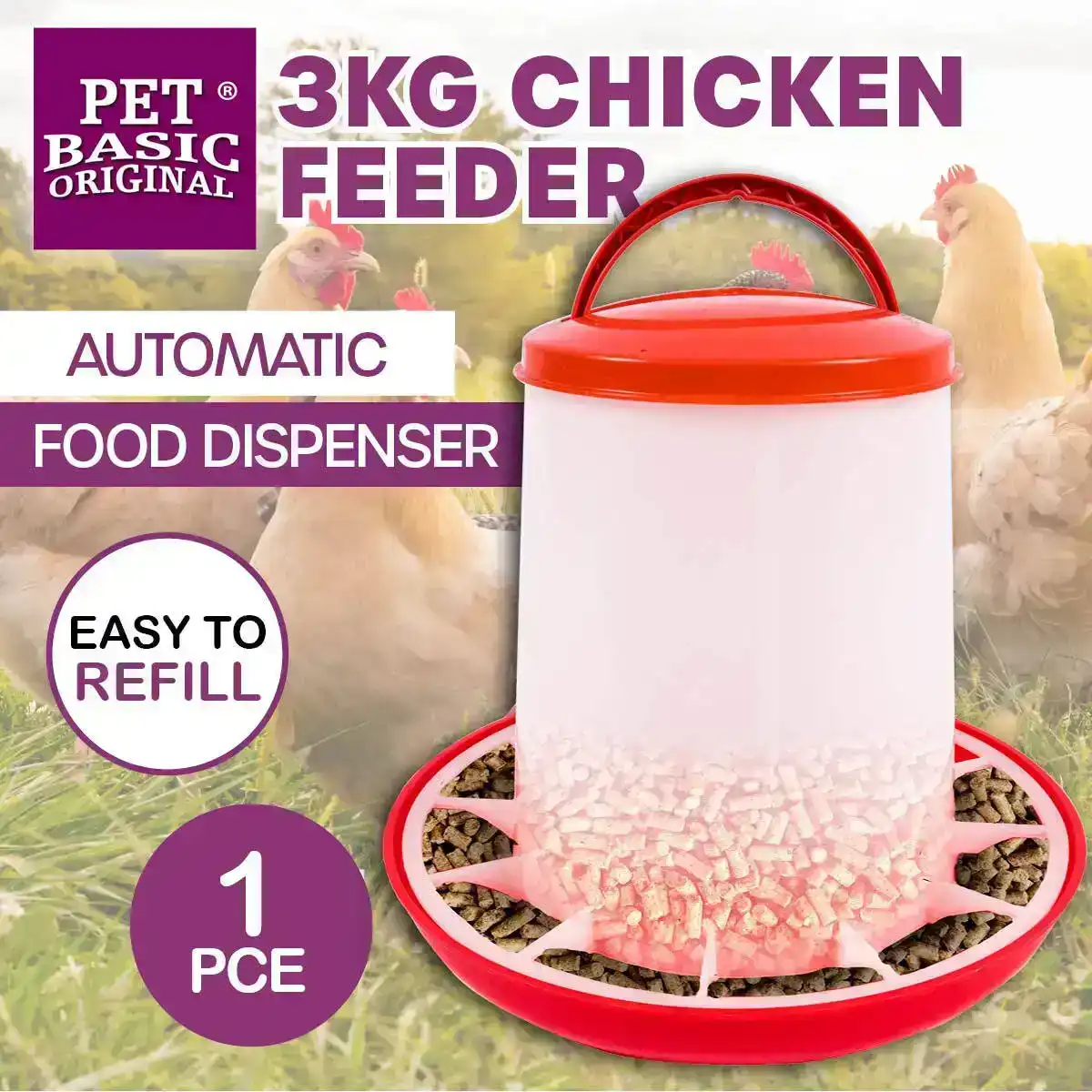 Pet Basic® Chicken Feeder 3KG Large Automatic Easy Refill Carry Handle 27x26CM