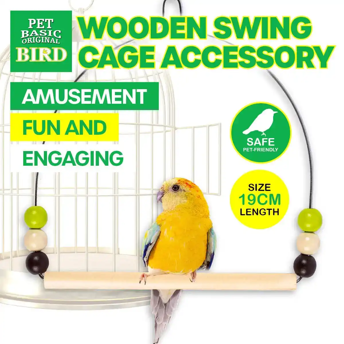 Pet Basic® Wooden Swing Bird Fun Stimulating Playful Rust Resistant 14cm
