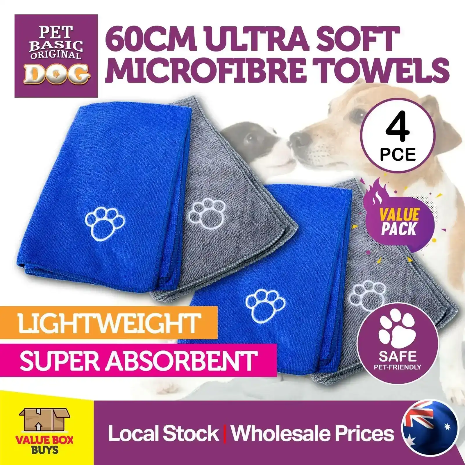 Pet Basic® 4PK Microfibre Dog Towel Soft Lightweight Super Absorbent 60 x 40cm